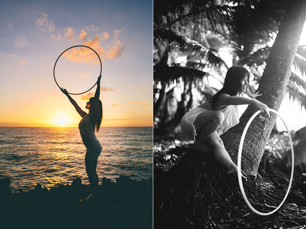 the hula hoop girl hooping on the big island during a session with cadencia photography