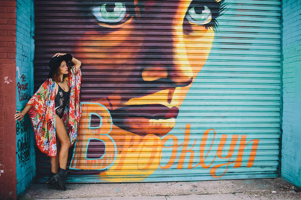 cadencia photography photographs Ana in front of Danielle Mastrion's 'brooklyn' street art in bushwick. 