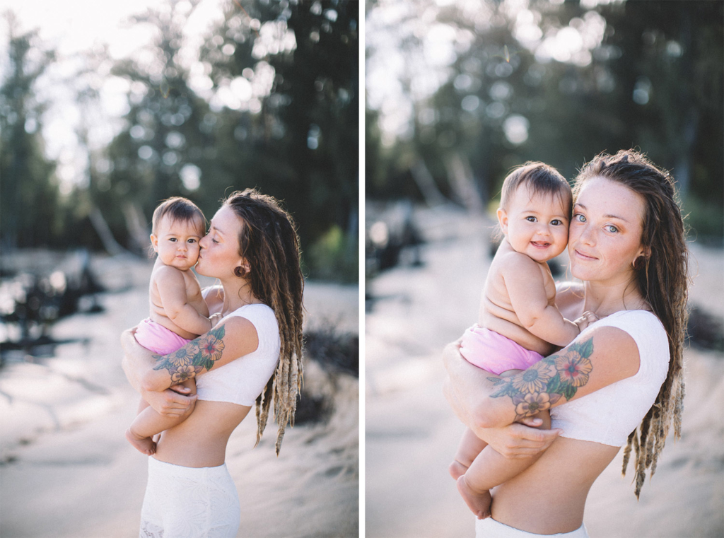beautiful mom with dreadlocks and adorable baby. family photography on Maui