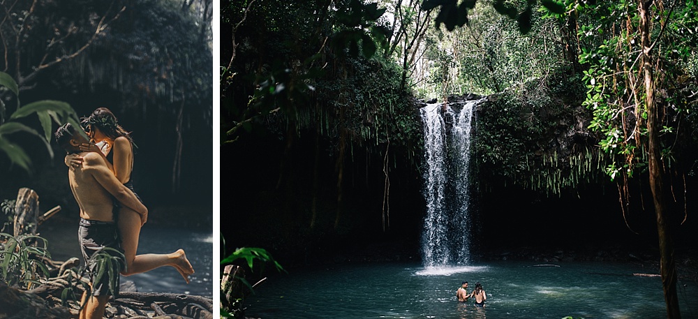 beautiful waterfall engagement photography in Maui, Hawaii with cadenica photography. 