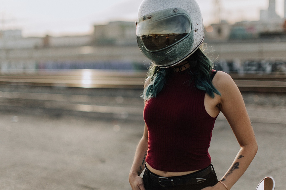 jasmine rose womens motorcycle in LA wearing a biltwell helmet. 