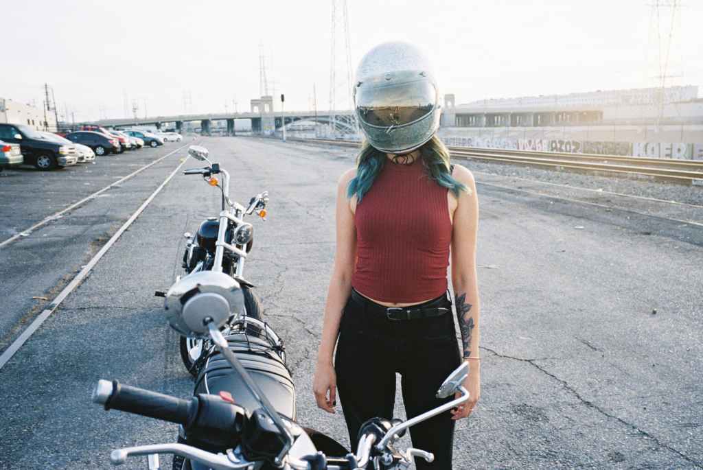 film photo of woman motorcycle rider in LA