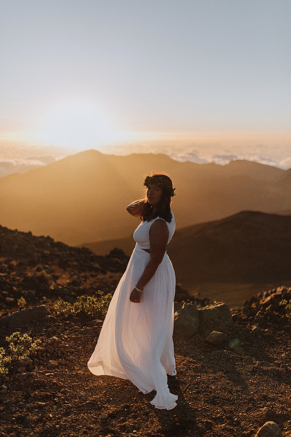 A beautiful wedding elopement at Halekala National Park in Maui, Hawaii at surnise. 