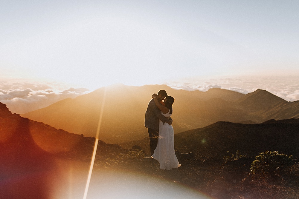 A beautiful wedding elopement at Halekala National Park in Maui, Hawaii at surnise. 