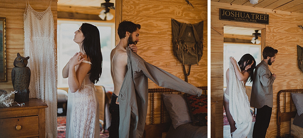 Couple getting ready in Twentynine Palms for their desert elopement. 