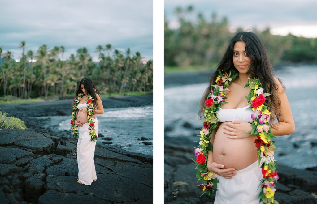 woman with a beautiful lei pregnant at punaluu beach
